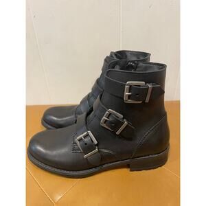 Chambers Womens Leather combat Moto Boot Black Buckles Made in Portugal Size 6.5